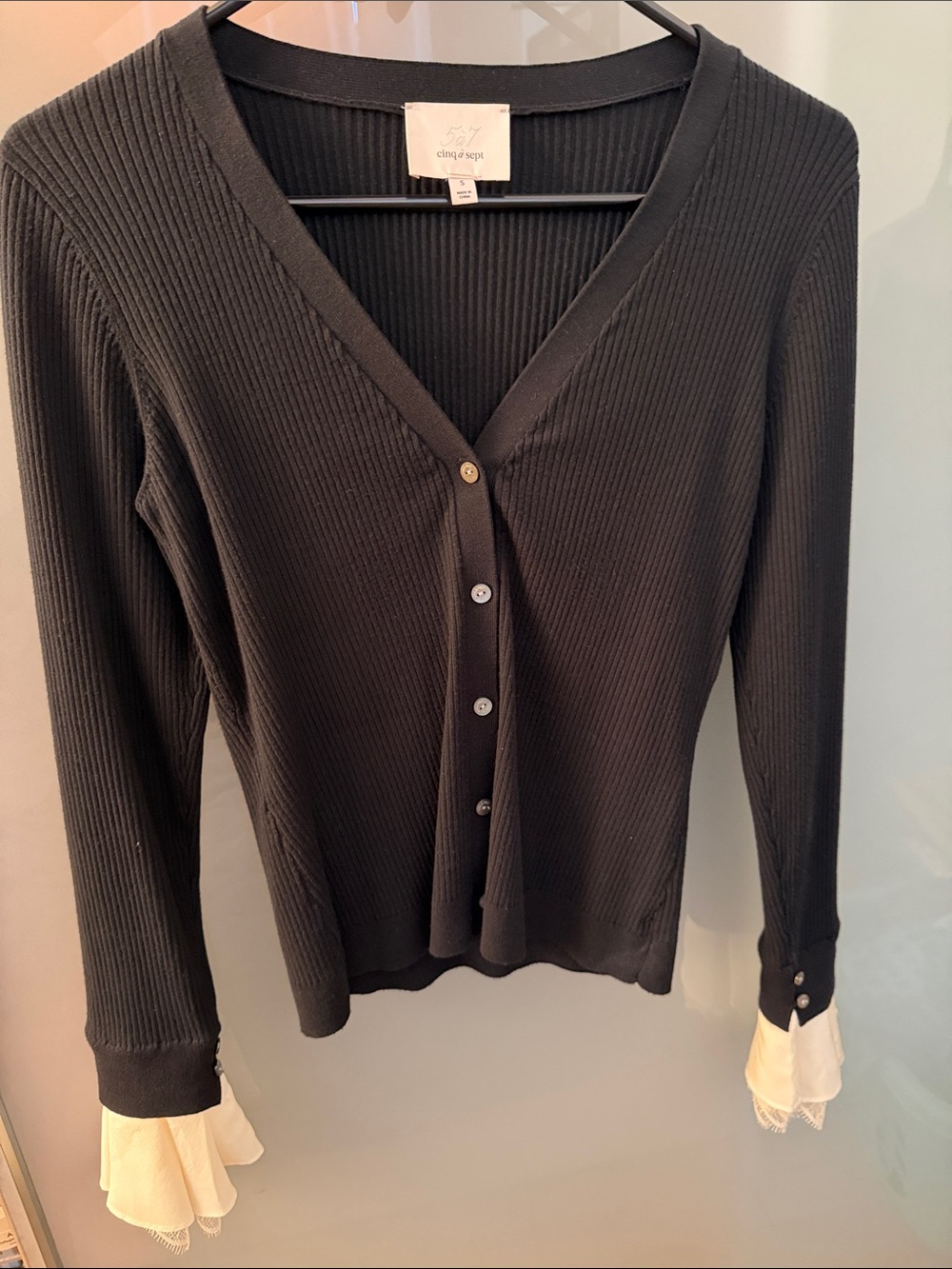 cinq a sept Black Ribbed Button-Front Cardigan with Cream Ruffle Cuffs